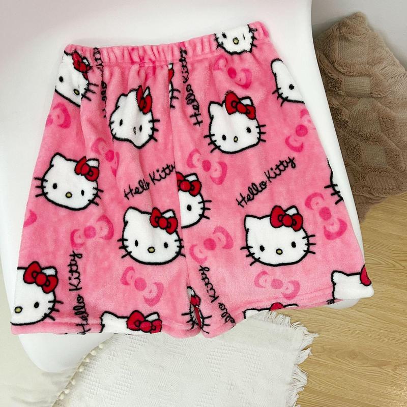 Casual Sports Shorts Flannel Cartoon Hello Kitty Women's Summer New Elastic Waist Pajama Pants Wide Leg Shorts Fashion